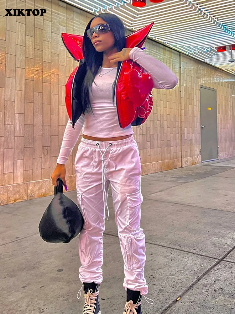 XIKTOP PU Leather Coat Women Winter 2022 Fashion Stand Collar Red All-Matching Cropped Puffer Jacket Hipster Warm Bubble Coats