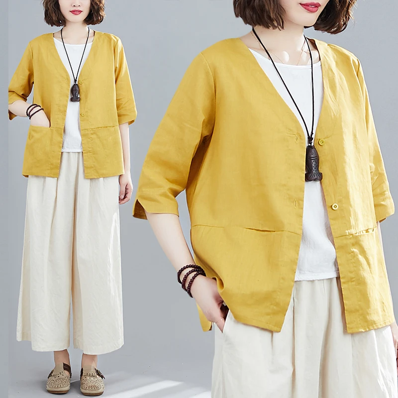 Тонкое хлопковое льняное пальто для женщин однотонный топ в ретро стиле