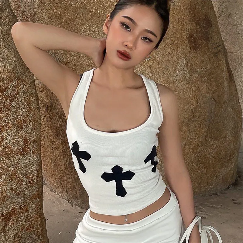 2022 Летняя женская футболка модный кроп-топ с перекрестным принтом и U-образным