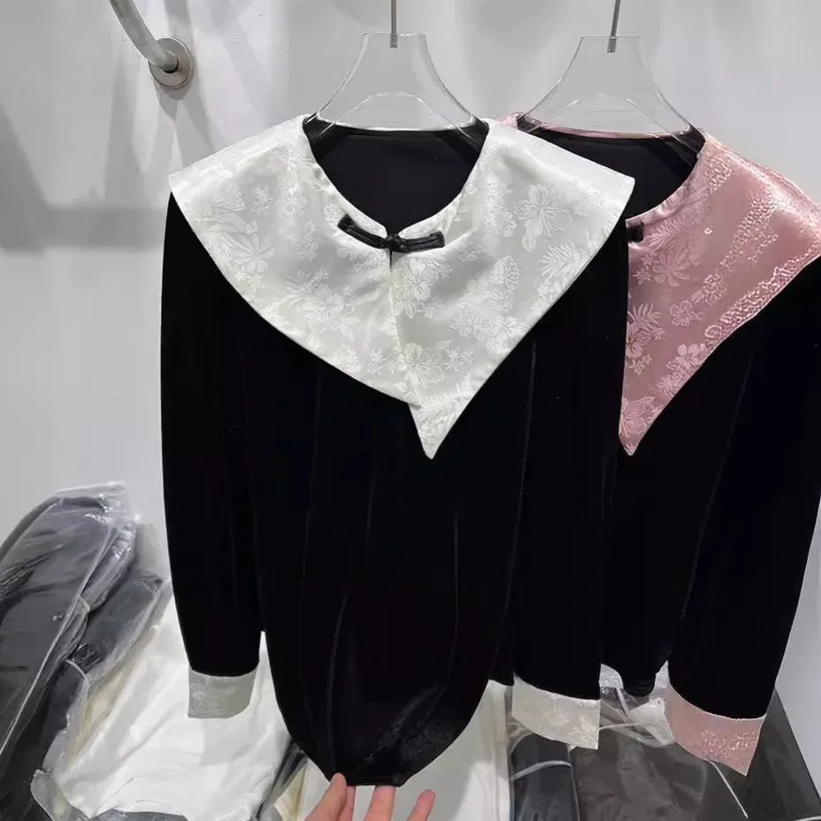 Европейский стиль блокирующий цвет большой лацкан кукольный топ шелковая