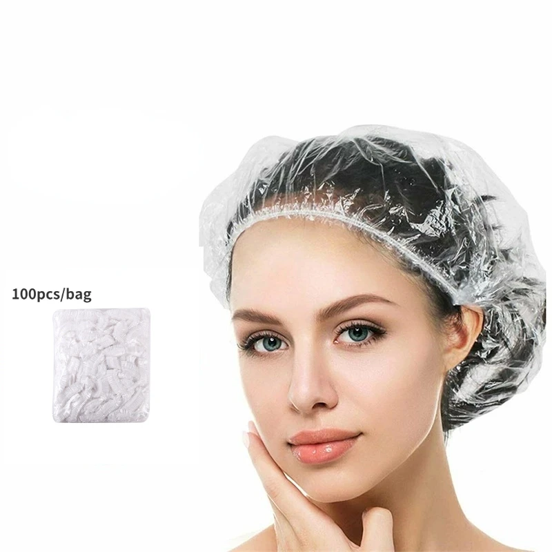 

100PCS Disposable Shower Caps Hair Processing Clear Plastic Caps For Spa Home Hotel and Travel Plastic Clear Elastic Bath