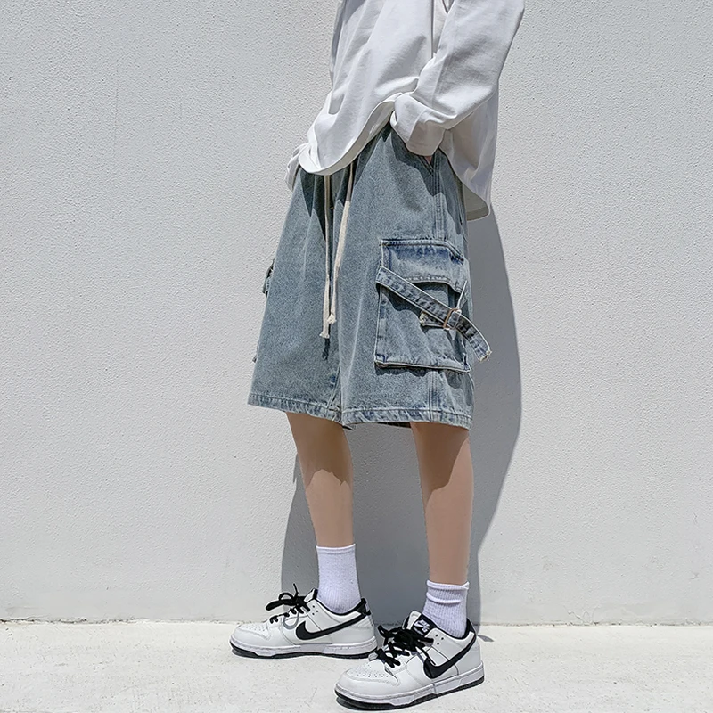 EOENKKY/2022 Summer Men'S Denim Shorts Casual Fashion Loose Stretch Jeans large pocket cargo pants Men