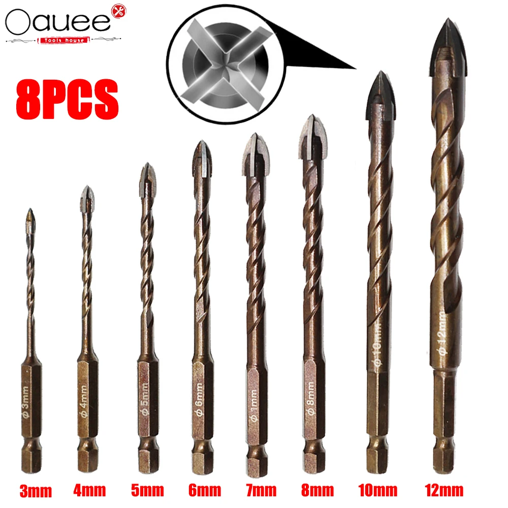 

8Pcs Cross Hex Tile Drill Bits Glass Ceramic Concrete Hole Opener Alloy Triangle Drill Size 3/4/5/6/7/8/10/12 mm Glass Drill Bit