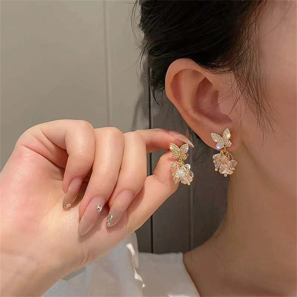 

Luxury Korean Pink Crystal Zircon Butterfly Stud Earrings For Women Elegant Gold Color Statement Earrings Wedding Party Jewelry