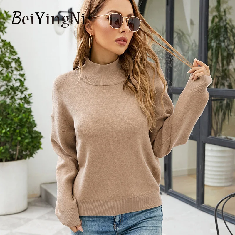 

Beiyingni 2022 Fashion Womens Sweater Solid Turtleneck Long Sleeve Loose Knitting Ladies Jumper Casual Streetwear Khaki Pullover