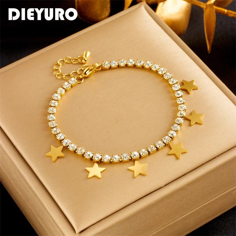 

DIEYURO 316L Stainless Steel Star Pentagram Charm Bracelet For Women Fashion Luxury Crystal Zirconia Chain Bangles Jewelry Gift
