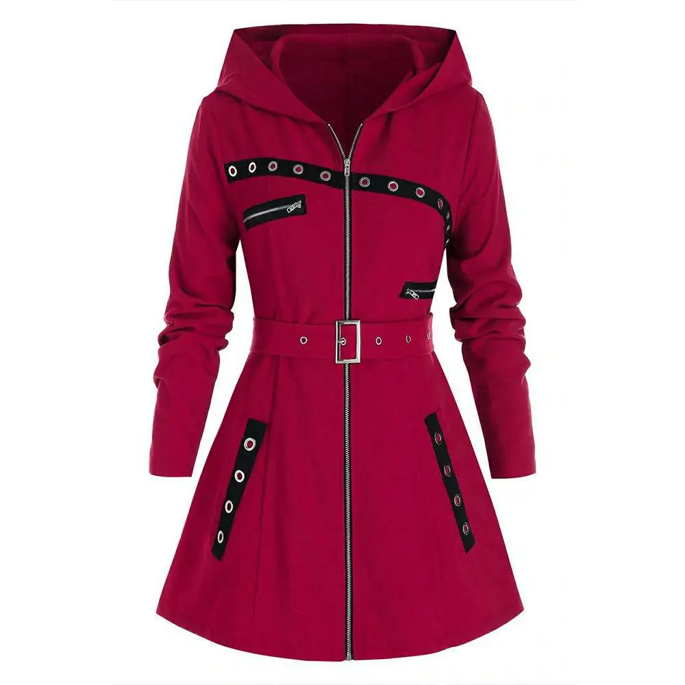 

Autumn winter long sleeve eyelet zipper decoration zip up hoodie with belt Casual 2022 long overcoat Black red jackets for women