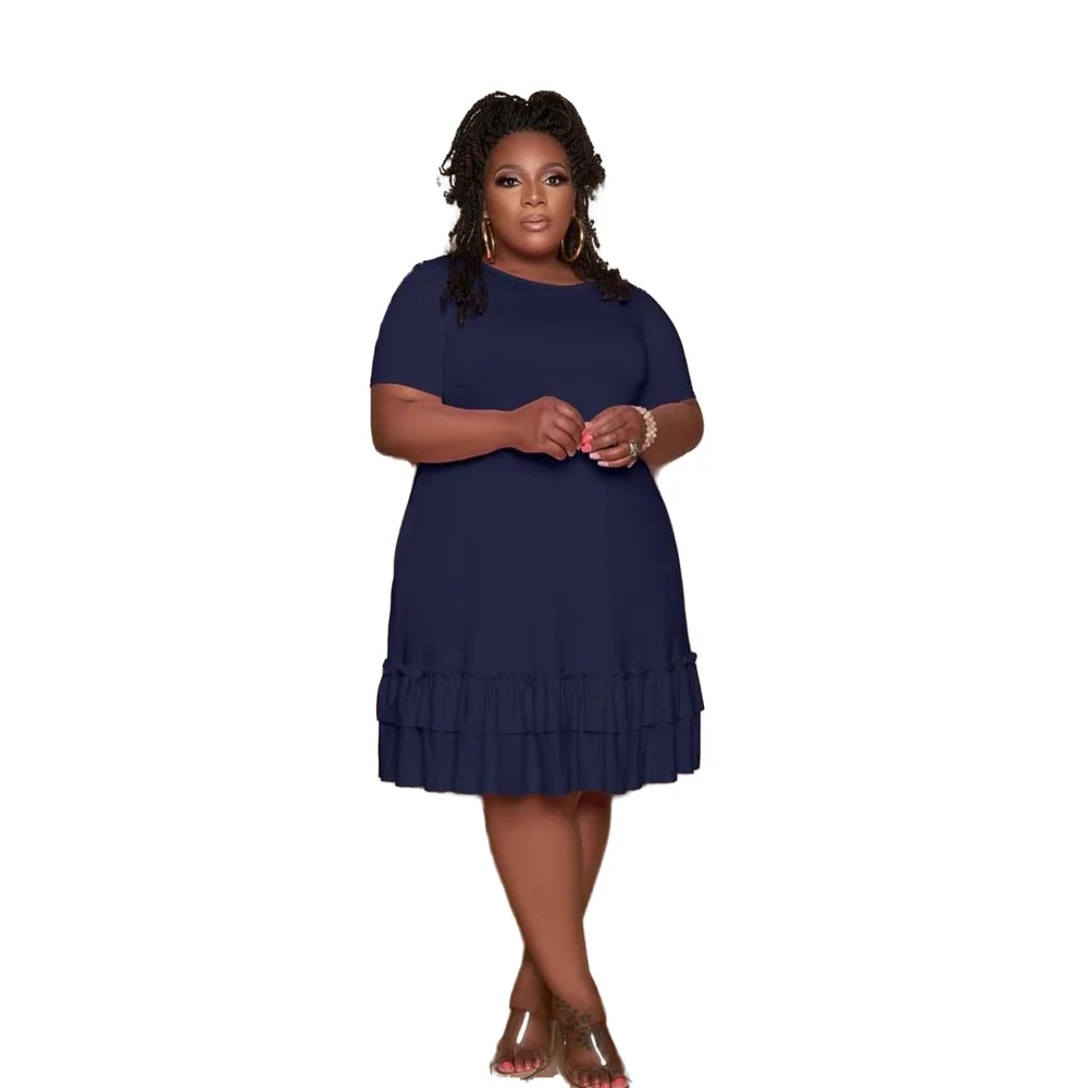 Round Neck Plus Size Dress Ruffle Short Sleeve Temperament Commuting Pleated Solid Color Leisure Club Women's Clothing Wholesale