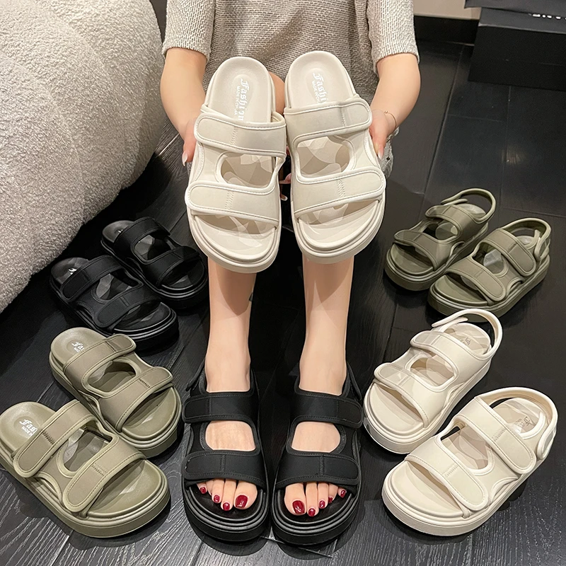 

Sports style thick bottom personality open toe slippers women's 2022 summer new sponge cake bottom breathable non-slip comfort