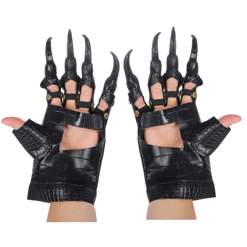 

Black Fingernails Artificial Leather Halloween Claw Gloves Costume Party Five Finger Mittens Scary Horrific Wolf Paw Gloves