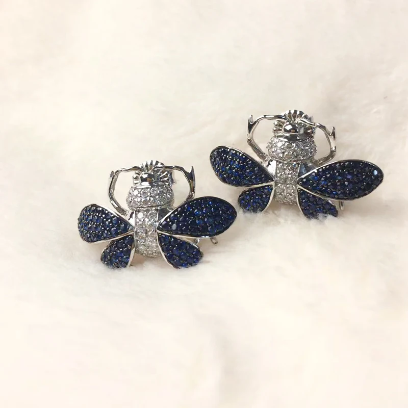 Cute Bee Earring Blue Color  For Women Fine Jewelry Female Gift  925Sterling Silver With Cubic Zircon Free Shipping