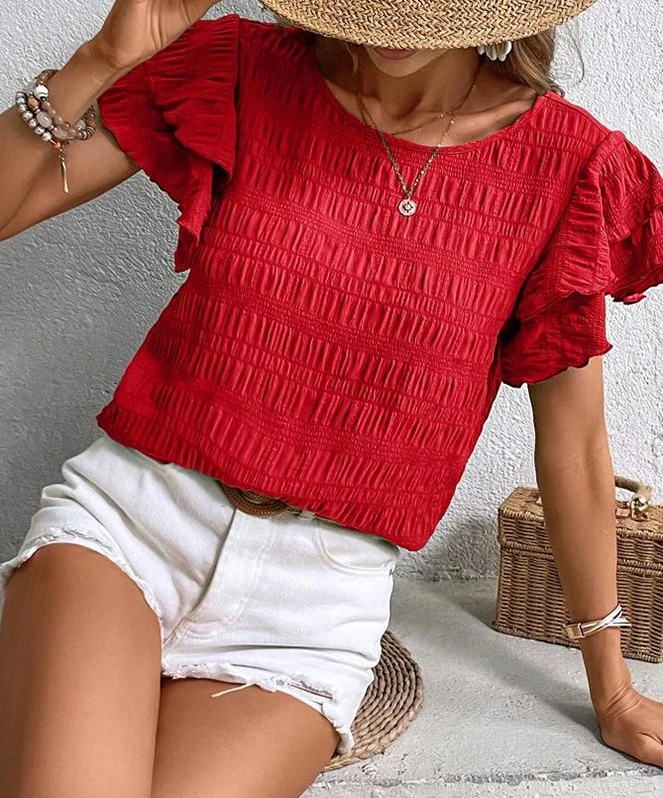 Женский Повседневный Топ с рукавом листья лотоса и круглым вырезом