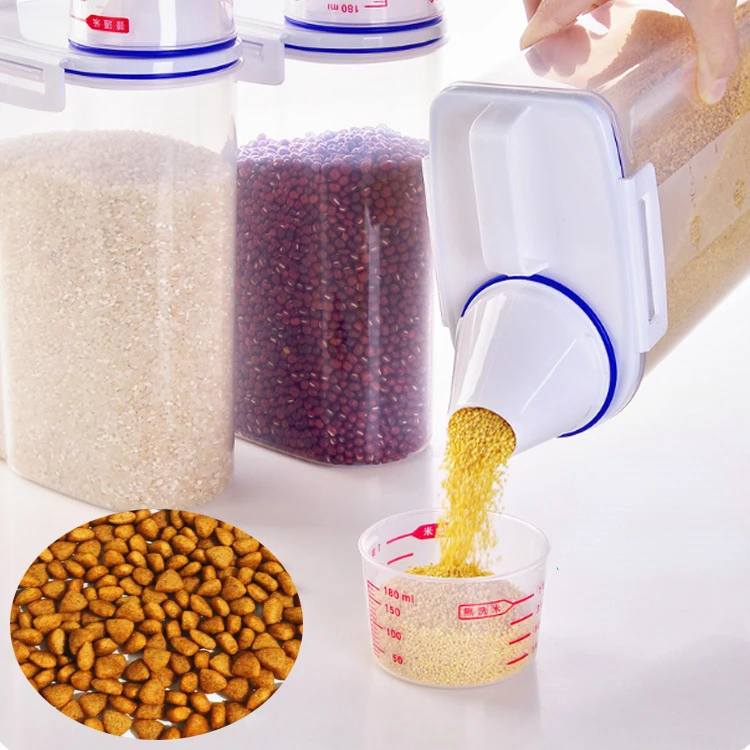 2.5L Cereal Dispenser Kitchen Food Storage Containers Plastic Grain Tank with Measuring Dog Cat Food Pail Pour Spout Seal Jar