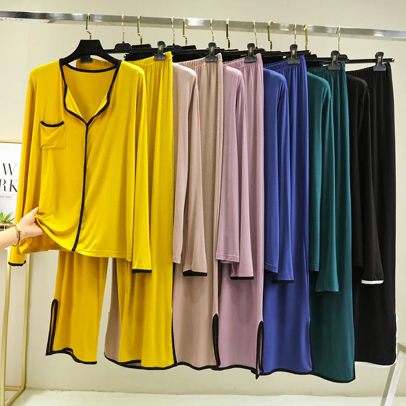 

Пижамный комплект с длинным рукавом для женщин, сезон весна-осень, модал, хлопок, Разноцветные модели, топы с длинными брюками, Женский компл...