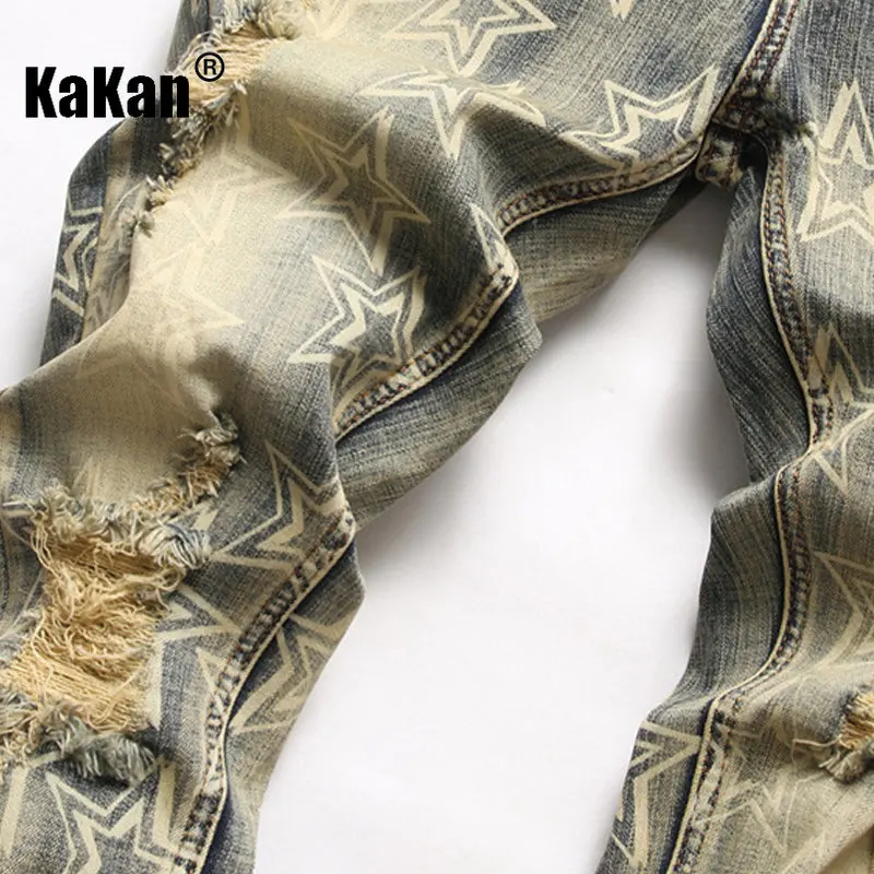 Kakan - New Tight Cotton Bomb Watermark Star Vintage Jeans for Men, Perforated Small Foot Long Jeans K018-3094