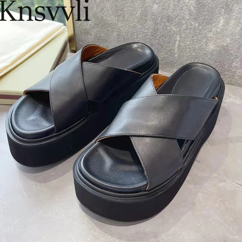 

Thick Sole Slippers Women Black White Genuine Leather Cross Strap Slides Woman Summer Shoes Platform Slippers Woman