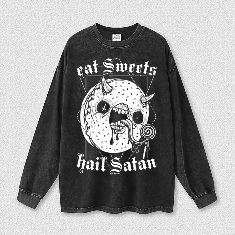 

Eat Sweets Hail Satan Print Washed Sweatshirt Cotton Mens Oversize Hoodies Hip Hop Streetwear Gothic Harajuku Retro Male Tops