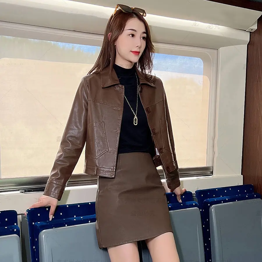 

Lady Leather Jacket Suit Autumn Retro Casual Polo Collar PU Leather Jacket High Waist Short Skirt Two-Piece Set for Women