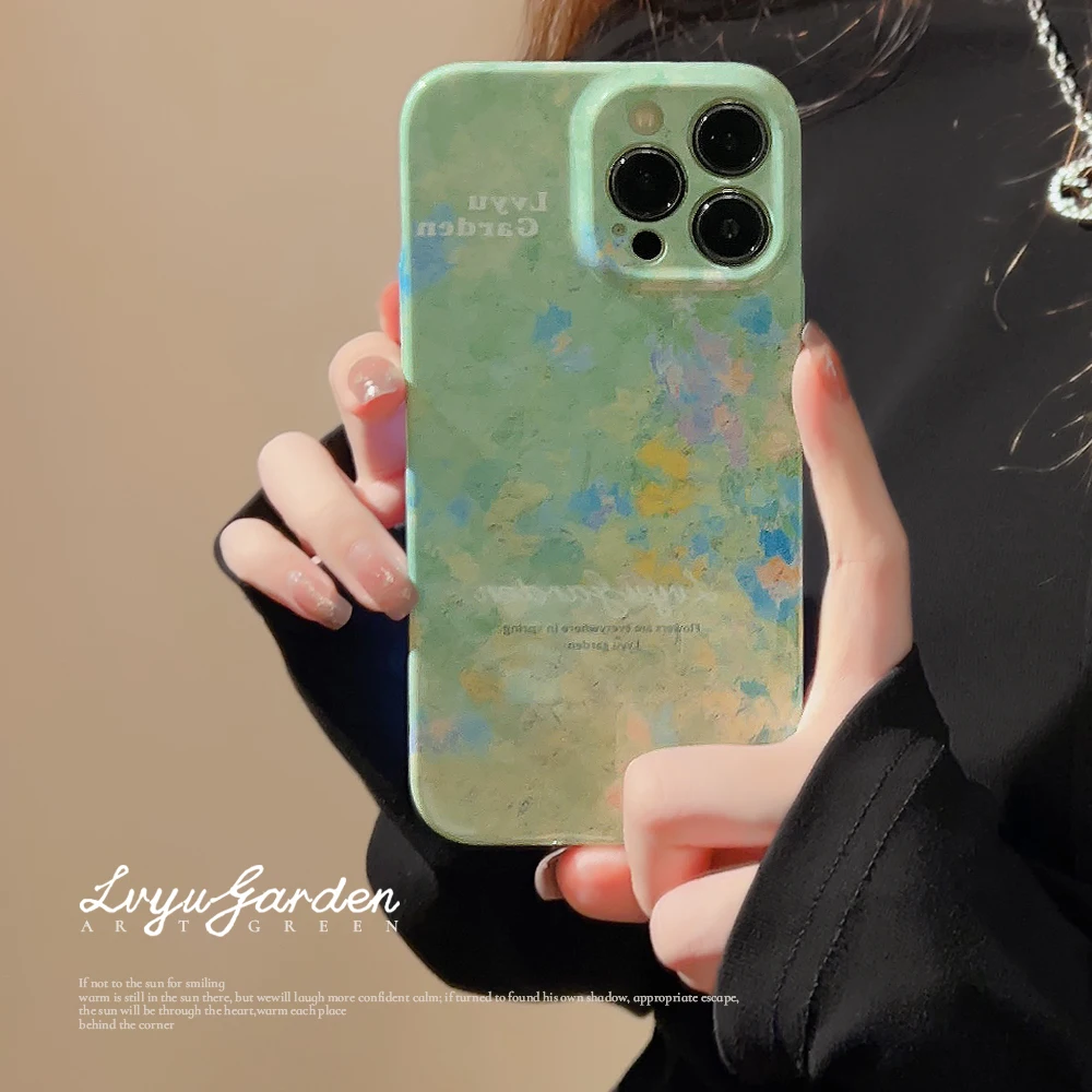 

Ottwn Luxury Green Oil Painting Pattern Phone Case For iPhone14 11 12 13 Pro 7 8Plus XS Max XR Shockproof Soft Back Bumper Cover
