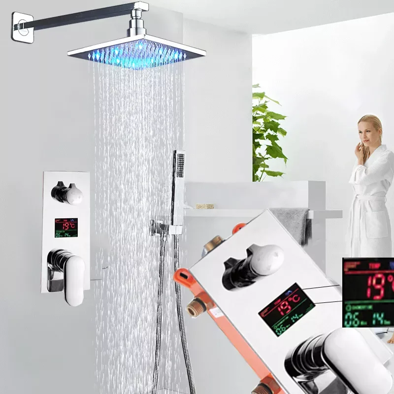 

Wall Mounted LED Light Shower Faucet Set Single Handle Bathroom Chrome Shower Mixers 3-ways Concealed Box Mixer Valve