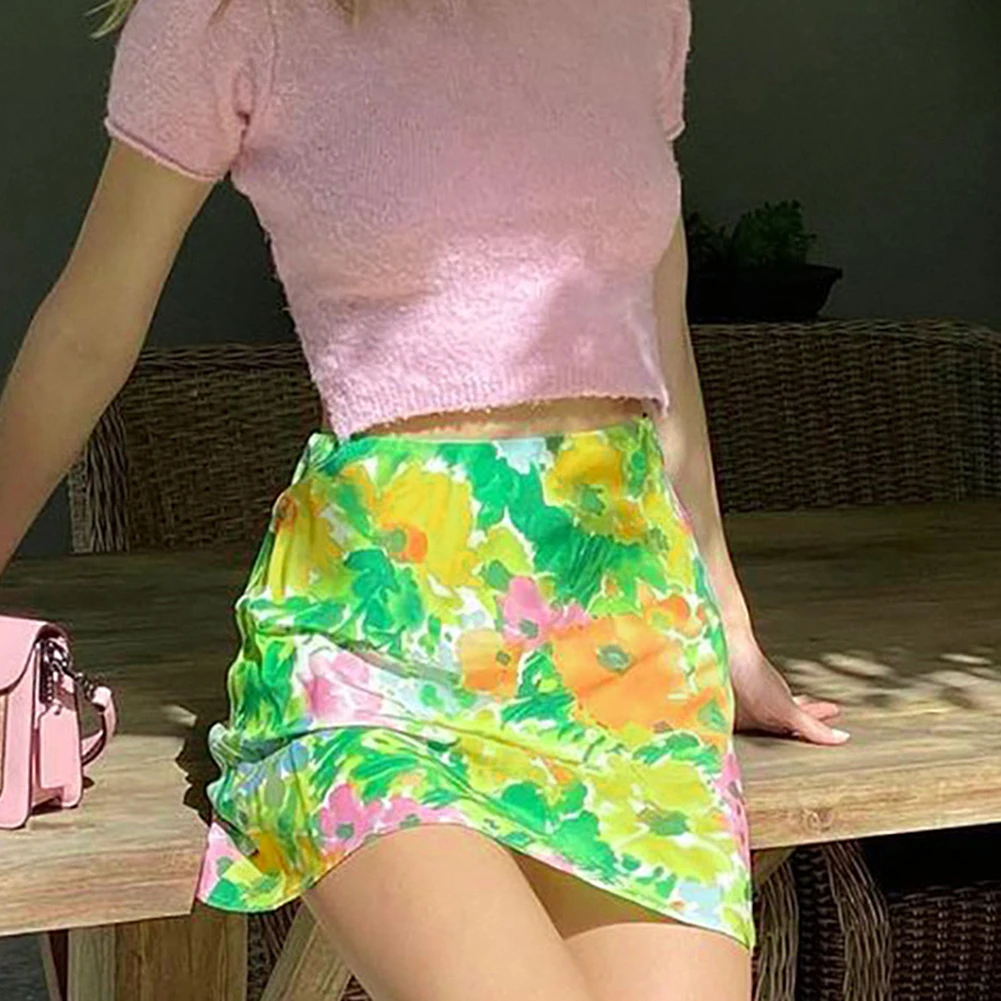 

Женская пикантная облегающая мини-юбка-карандаш в стиле Харадзюку с высокой талией, летняя модная Юбка-миди с цветочным принтом, зеленая и о...