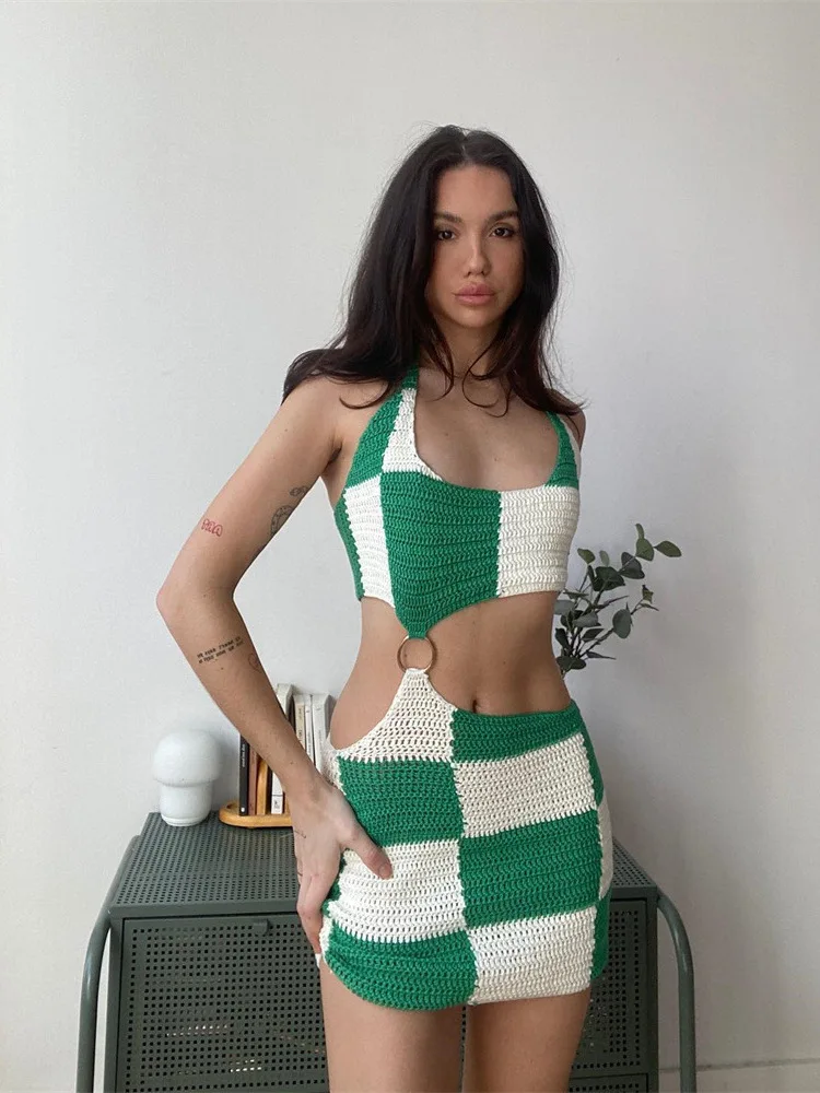 

Y2K Clothes Plaid Contrast Color Knitted Crop Top Dress Women's Summer Sexy Short Skirt Hollowed Out Party Vest Hot Girl Dress