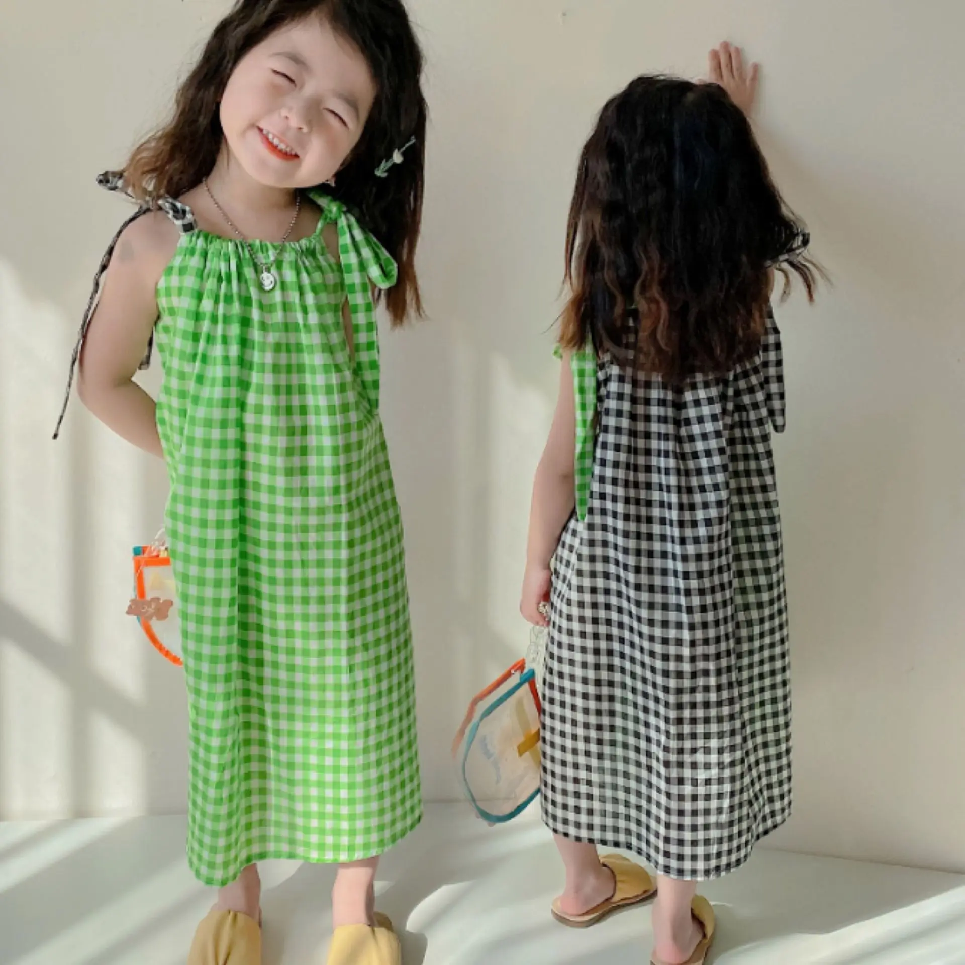 

Personality Patchwork Plaid Sling Dress Cute Baby Girl Casual Cotton Loose Long Dresses Kid Outfits Children Summer Clothes