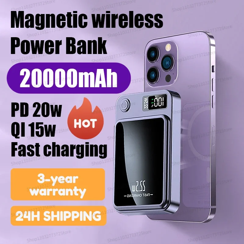 

New 20000mAh Magnetic Qi Wireless Charger Power Bank 22.5W Fast Charging For iPhone 13 14 Samsung Huawei Xiaomi Mini Powerbank