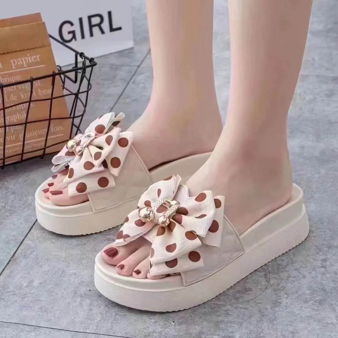 Women Bow Summer Sandals Slipper Indoor Outdoor Beach Shoes Summer Women's Shoes Flip Flops on The High Platform Flat Shoes