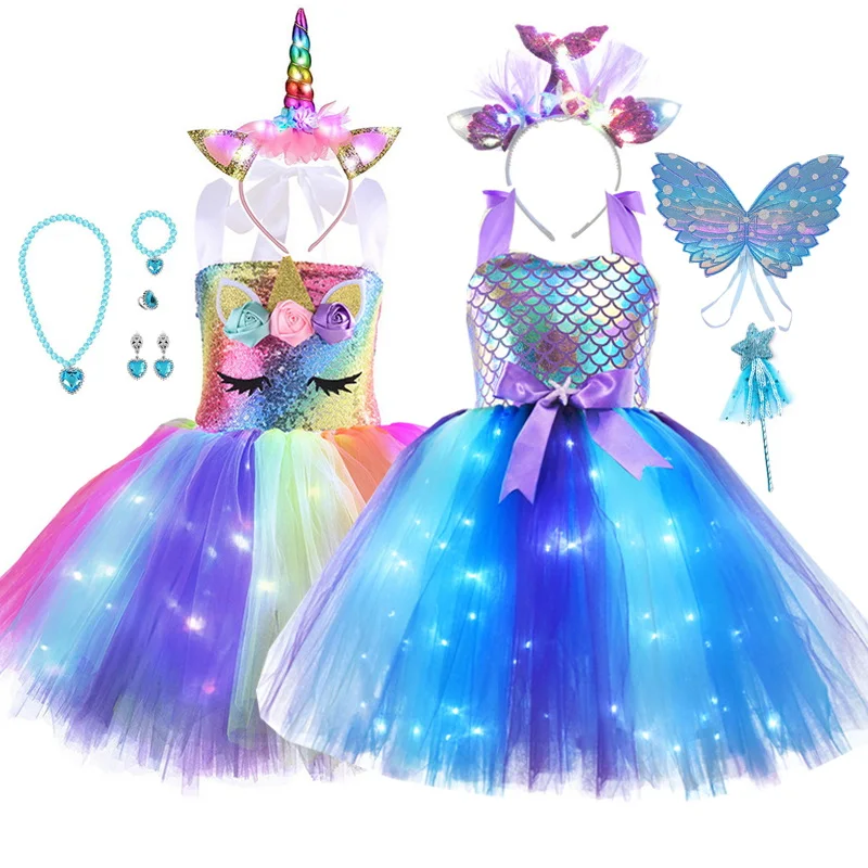 

Mermaid Dress For Girls Glowing Unicorn Costume Kids Sequin Rainbow Birthday Party LED Lights Tutu Dresses Set Christmas Gifts