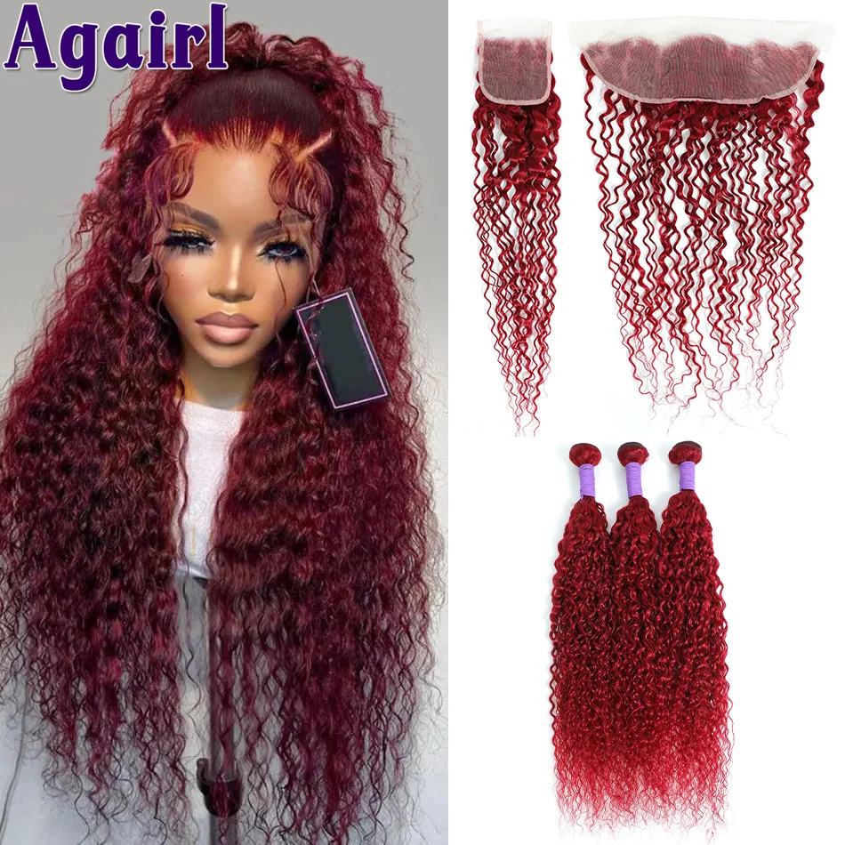 

Dark Burgundy 99J Water Wave Human Hair Bundles With 13X4 Lace Frontal Deep Curly Brazilian Hair Weave Bundles With 4X4 Closure