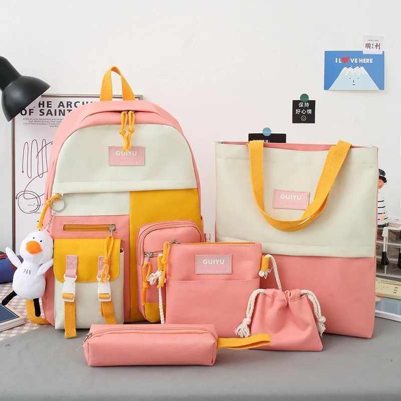 Школьные ранцы для девочек-подростков, милый корейский рюкзак для женщин, нейлоновая многофункциональная розовая сумка, 5 шт./компл.
