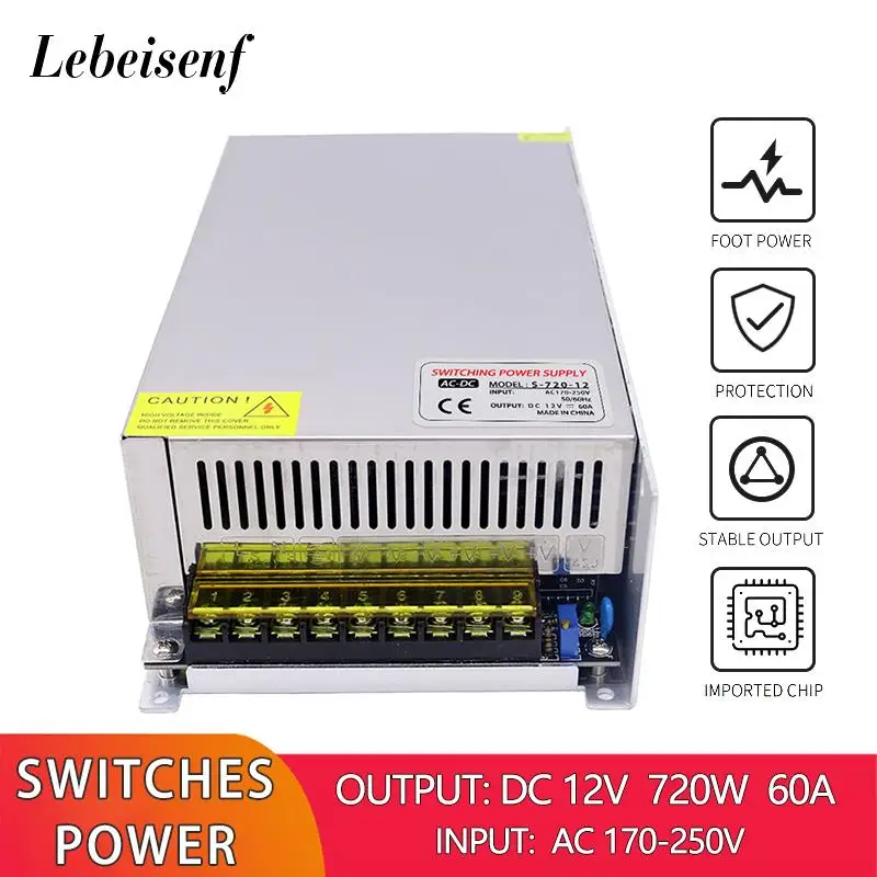 

AC/DC 12V 60A 720W Converter 170-250V AC to DC Switching Power Supply LED Lighting Transformer Drive Adapter High Power SMPS