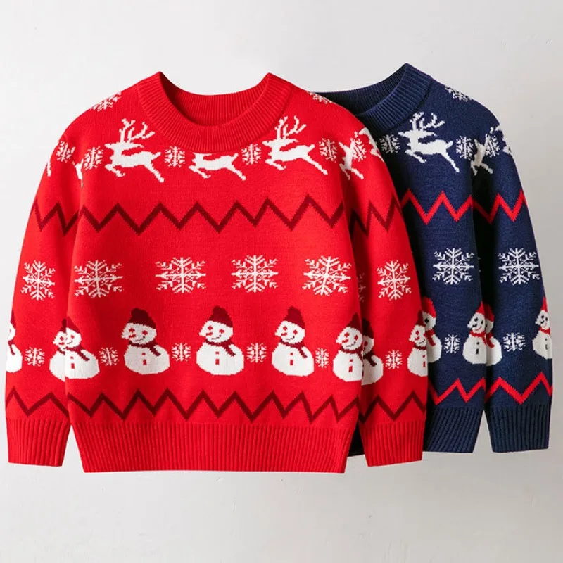 

2023 New Children Sweater Christmas Cartoon Snowman Elk Girl Pullover Boy Knitwear Unisex Fashion Kids Tops Winter Warm Clothing