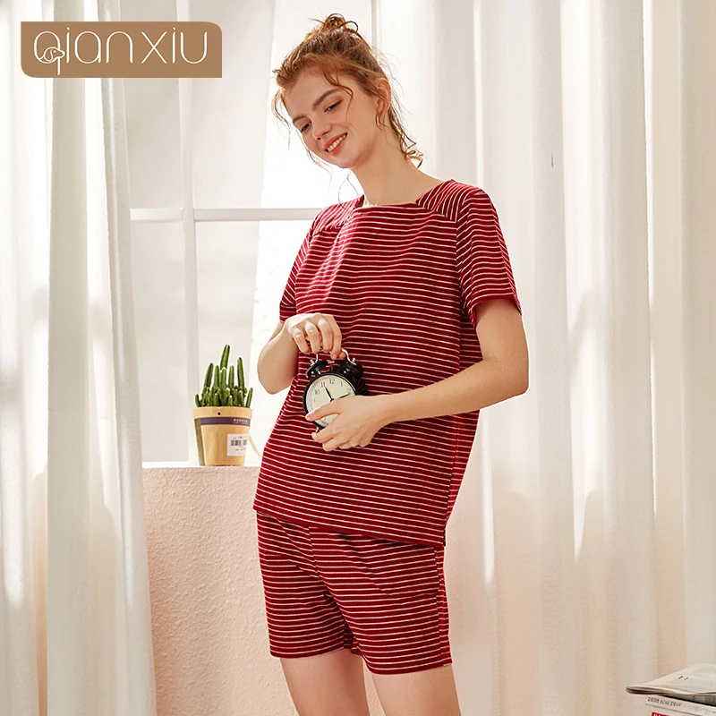 2021 Female Pajamas Suit Sleep Two piece Set Women's Cotton Short Sleeve Stripe Pajamas Shorts Short Sleeve Loose Home clothes