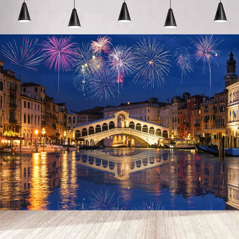 Фон для фотосъемки Венеция Италия ночь красочный фейерверк риальт мост и