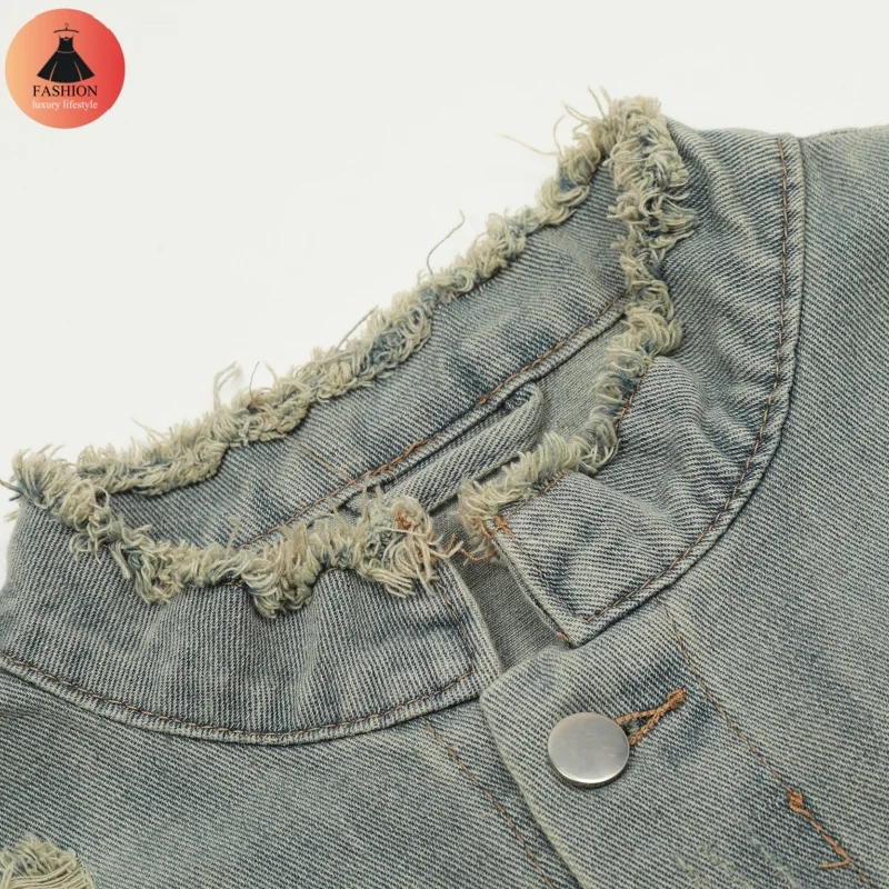 Тенденция высшего качества винтажная джинсовая куртка с отверстиями