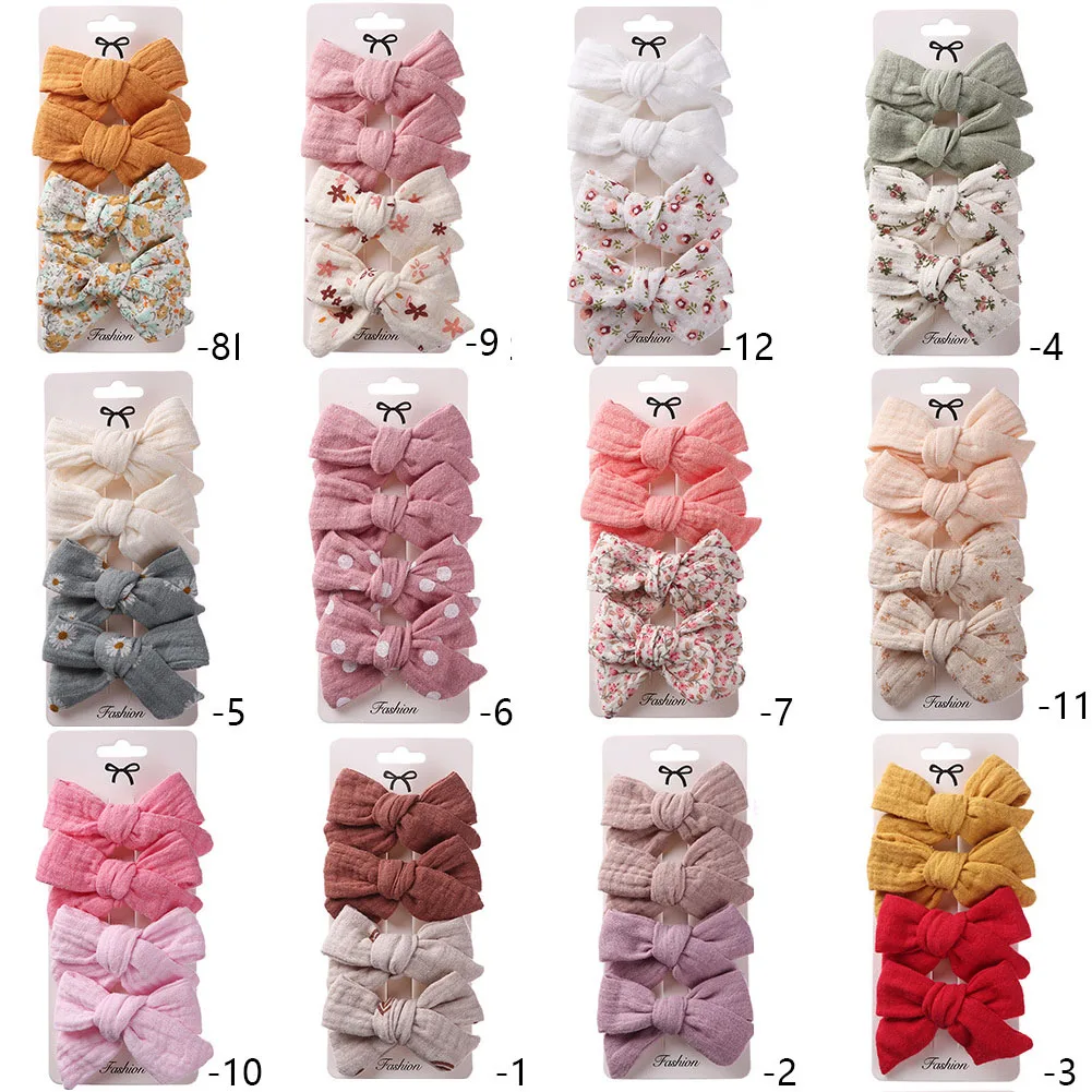 Retails 4Pcs/Set Cute Linen Cotton Baby Hair Clips Fashion Hair Bows Toddler Girl Hairpins Kids Flower Print Hair Accessories