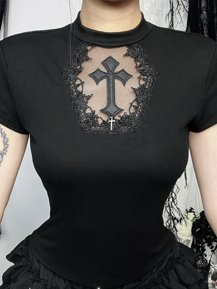 AltGoth Dark Gothic Базовая футболка женская Cyber Punk Эстетическая крестовая сетка в стиле