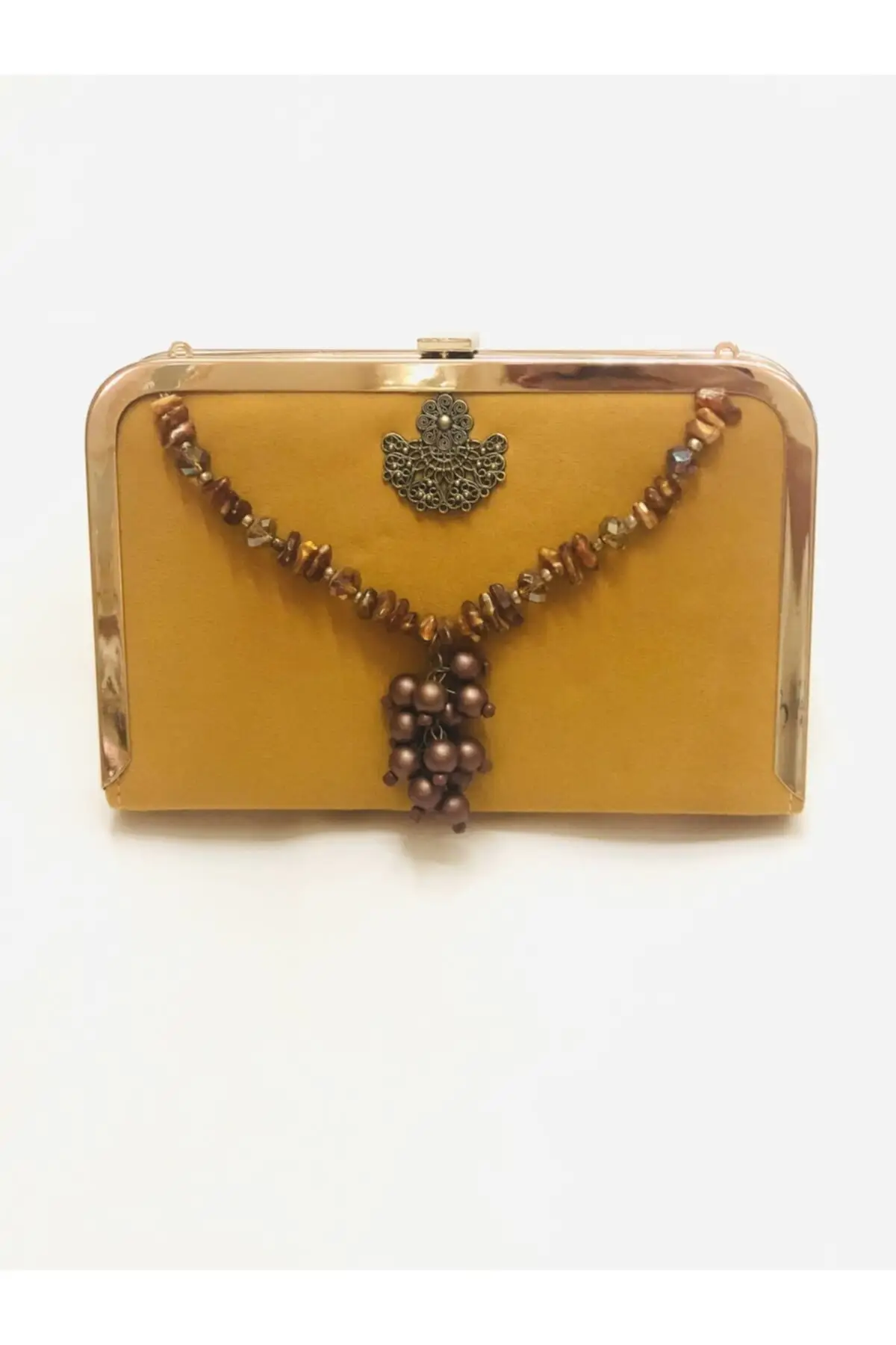 

Женская вечерняя сумка-клатч с натуральным камнем горчичного цвета