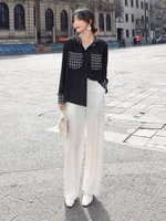 2022 french women black shirt and white pant 2pcs suits sets lady elegant top and wide leg trouser twisnet smart casual outfits