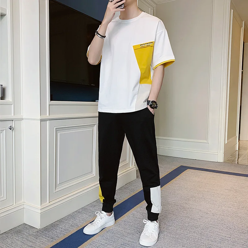 

2022Summer New Men Leisure Set Korean Style Loose Trousers Thin Short-Sleeved T-shirt Youth Sports Pants