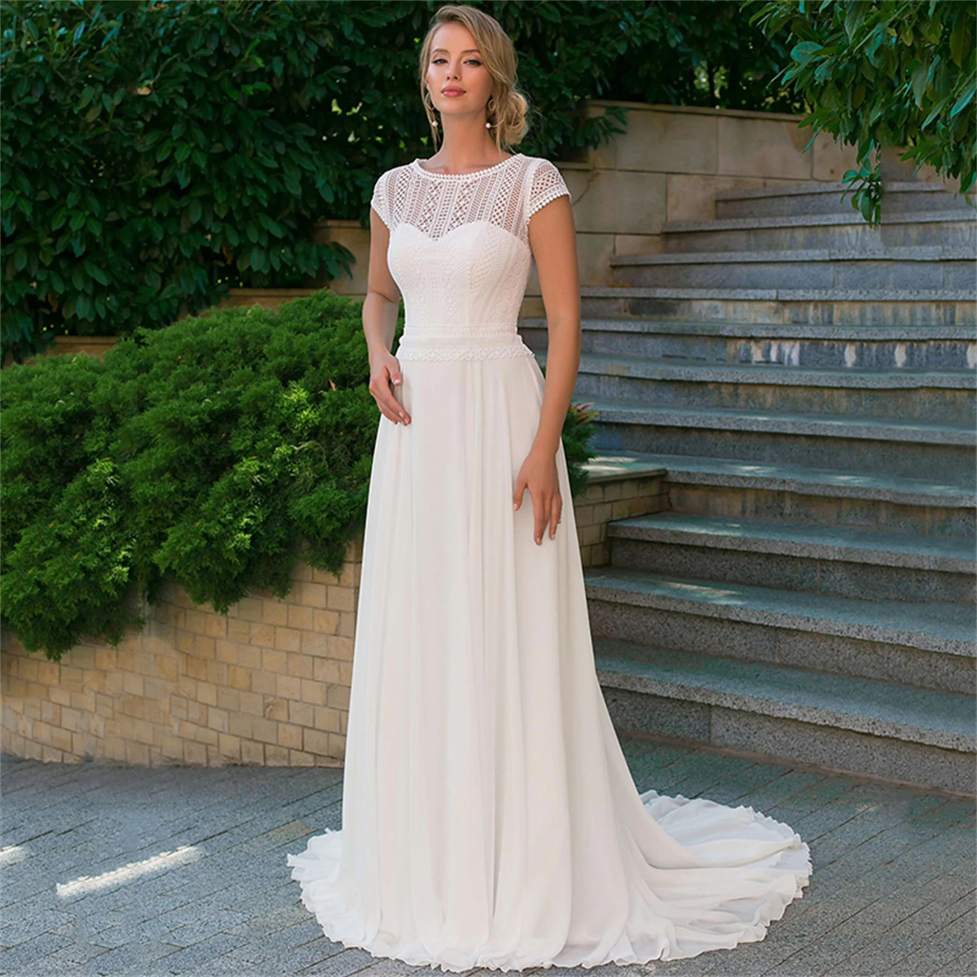 

Simple Boho Women Beach Wedding Dresses Lace Top Sexy Open Back Chiffon Skirt Bridal Gowns Formal Ladies Summer Middle East