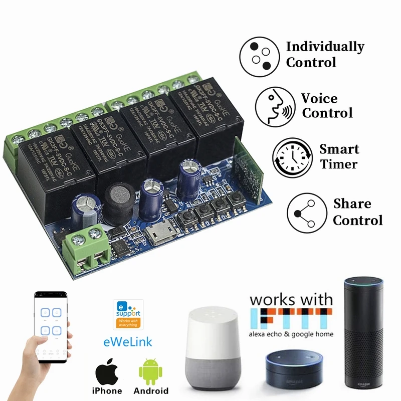 

Смарт-переключатель eWelink, 10 А, 0-250 в перем. Тока, USB, 5 В, 4 канала, 2,4 г