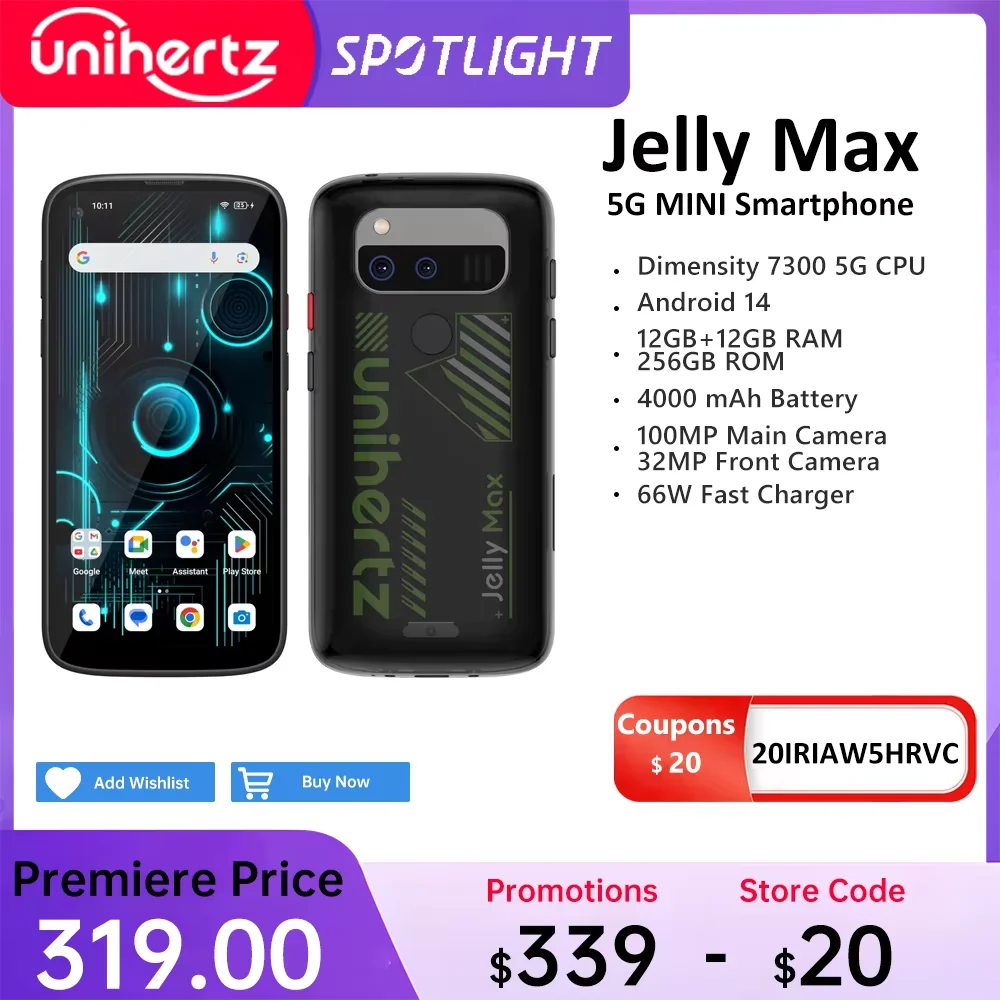 Фото Мини-смартфон Unihertz Jelly Max 5G, Android 14 Размер 7300, процессор, 12 ГБ, 256 ГБ, 100 МП, камера, аккумулятор 4000 мАч, экран 5,05 дюйма №1