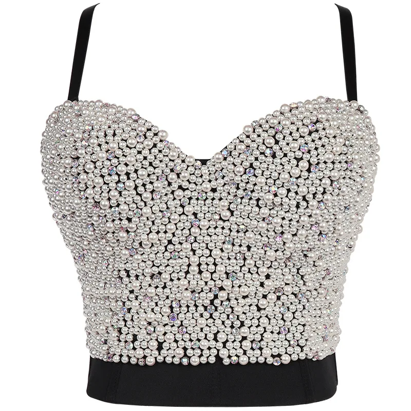 

Crystal Bras for Women Handmade Pearls Beaded Push Up Bustier Crop Top Sexy Punk Corset Bra for Party Clubwear