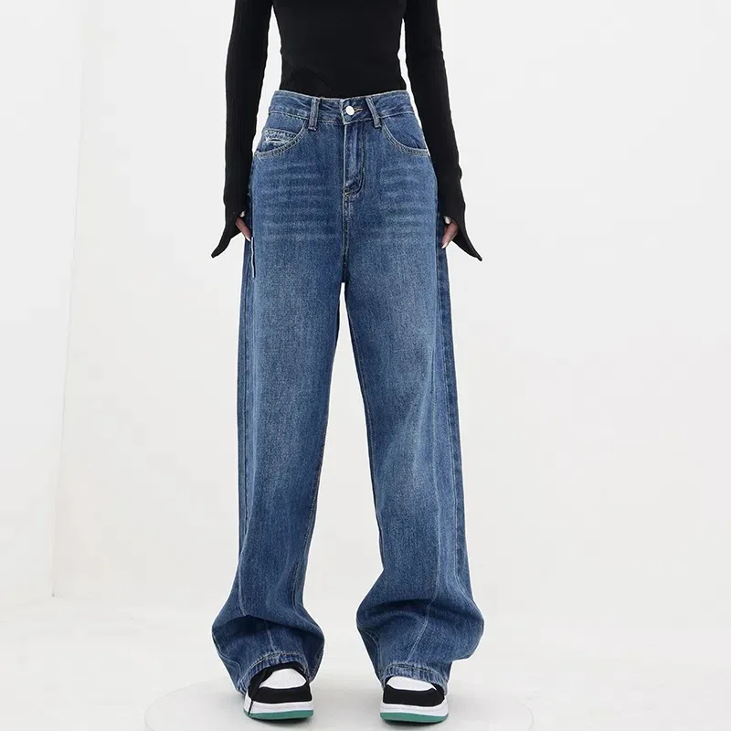 

Джинсы DUOFAN женские с завышенной талией, облегающие Универсальные женские брюки с широкими штанинами, новые свободные облегающие синие прямые брюки, мешковатые джинсы