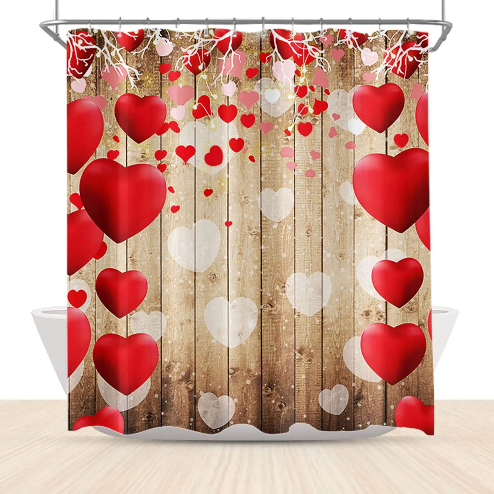 

Romantic Valentines Shower Curtain Love Script Red Hearts Spots Balloons on Vintage Wood Backdrop Valentine's Day Bathroom Sets