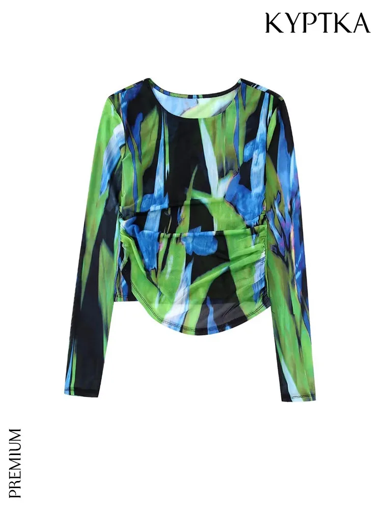 

KYPTKA Women Fashion Side Pleats Printed Tulle Blouses Vintage O Neck Long Sleeve Female Shirts Blusas Chic Tops