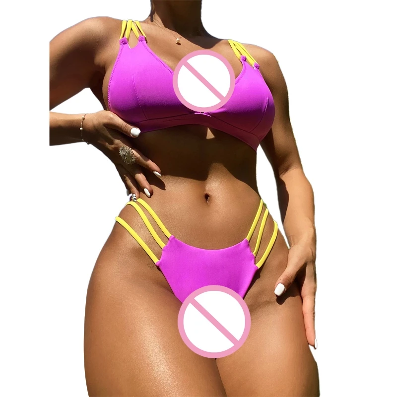 

2Pcs Womens High Cut Thong Halter Bras Top Bikini Set Swimsuits String Sexy Bathing Suit Bikini Set Beachwear